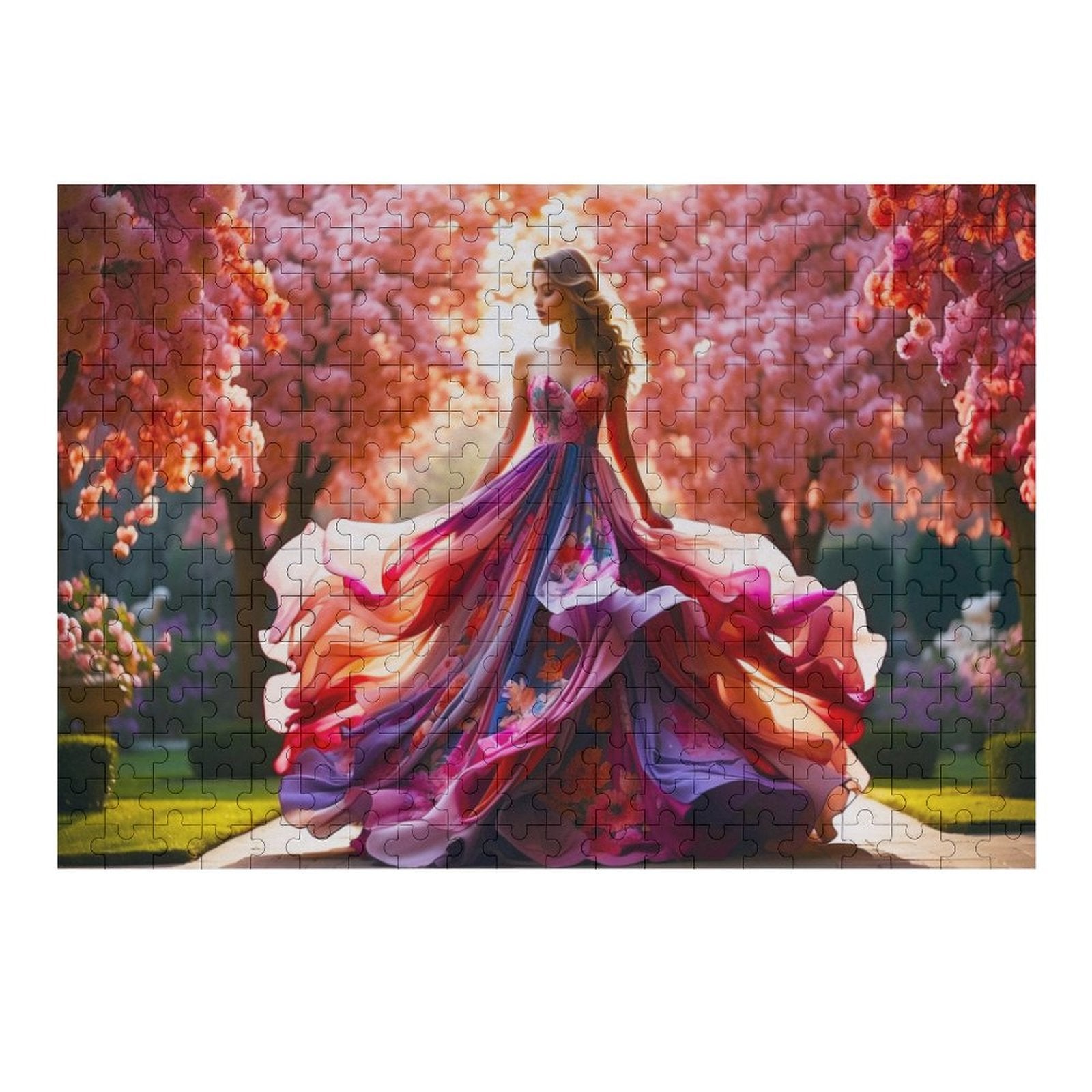 A woman is walking down a path in a manicured garden surrounded by flowering trees. The skirt of her dress has multiple layers of colorful fabric, highlighting layers with floral fabric underneath. Jigsaw puzzle. AHomespunHobby.com