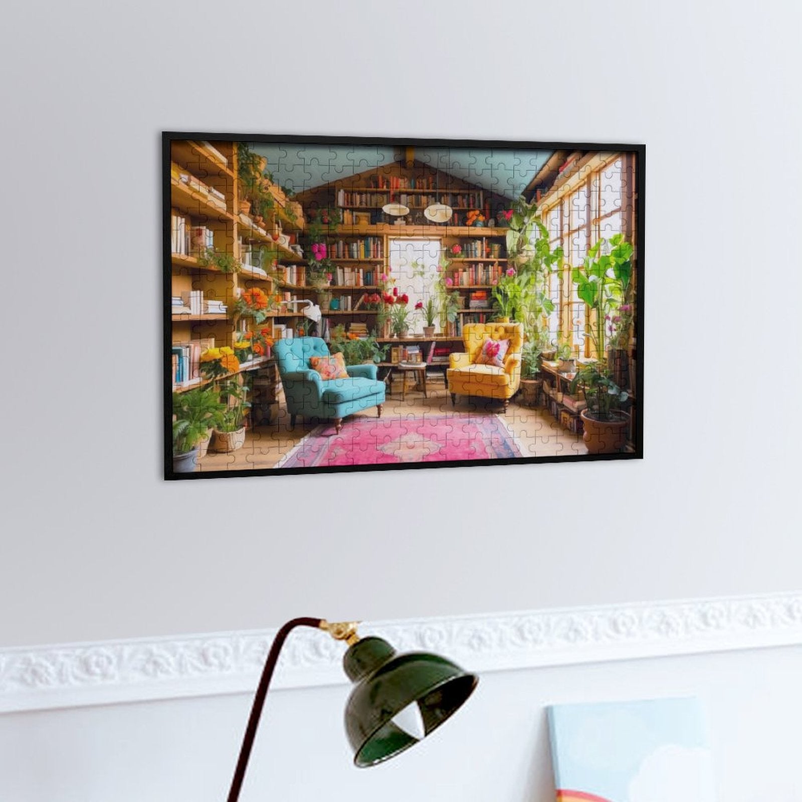The Cottage Library Wooden Jigsaw Puzzle. Floor to ceiing bookshelves line two walls. Large windows let in plenty of light. The library is filled with potted plants and two large chairs to sit in while reading. AHomespunHobby.com