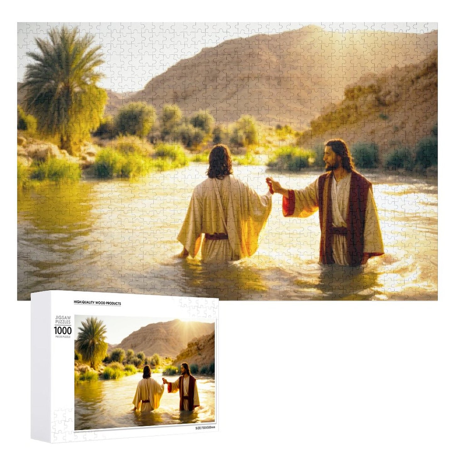 Jesus and John are standing in a river, clasping hands.  By Art by Sals ahomespunhobby.bom