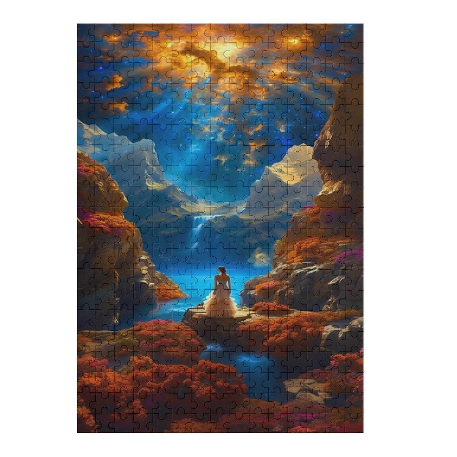 A woman in a flowing dress standing at the base of a majestic canyon, gazing at the water's edge. ahomespunhobby.com