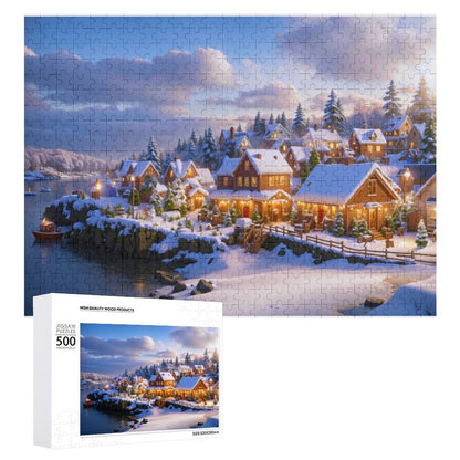 Christmas at the Sea Cove Jigsaw Puzzle. It's dusk, the lights are on in all the homes at the edge of the shore, lighting up the area creating a cozy scene. AHomespunHobby.com