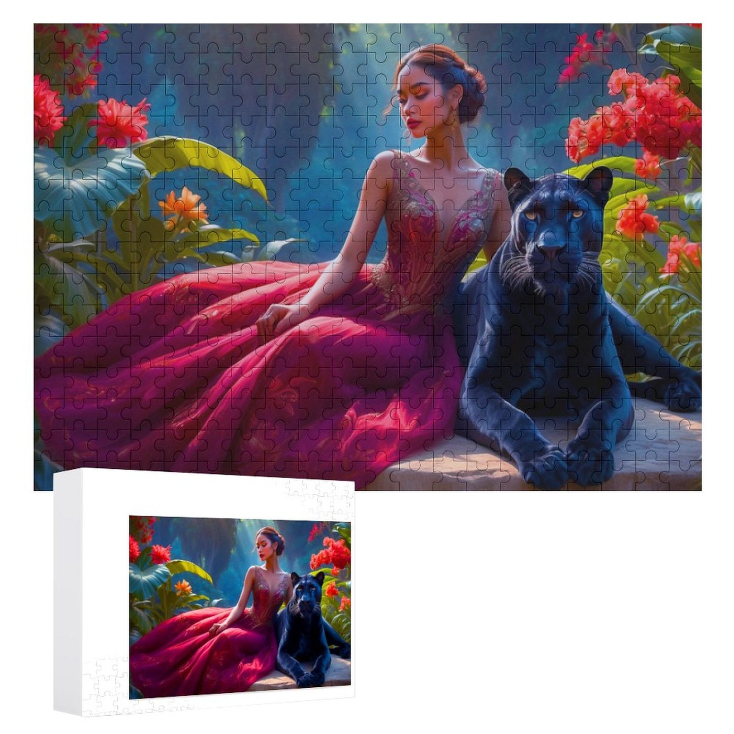 A woman in a flowing red gown sits on a large flat boulder. She is leaning slightly against her full grown Panther. She has her arm over her pet. She is surrounded by large red orange flowers and tropical leaves. Wood jigsaw puzzle. AHomespunHobby.com