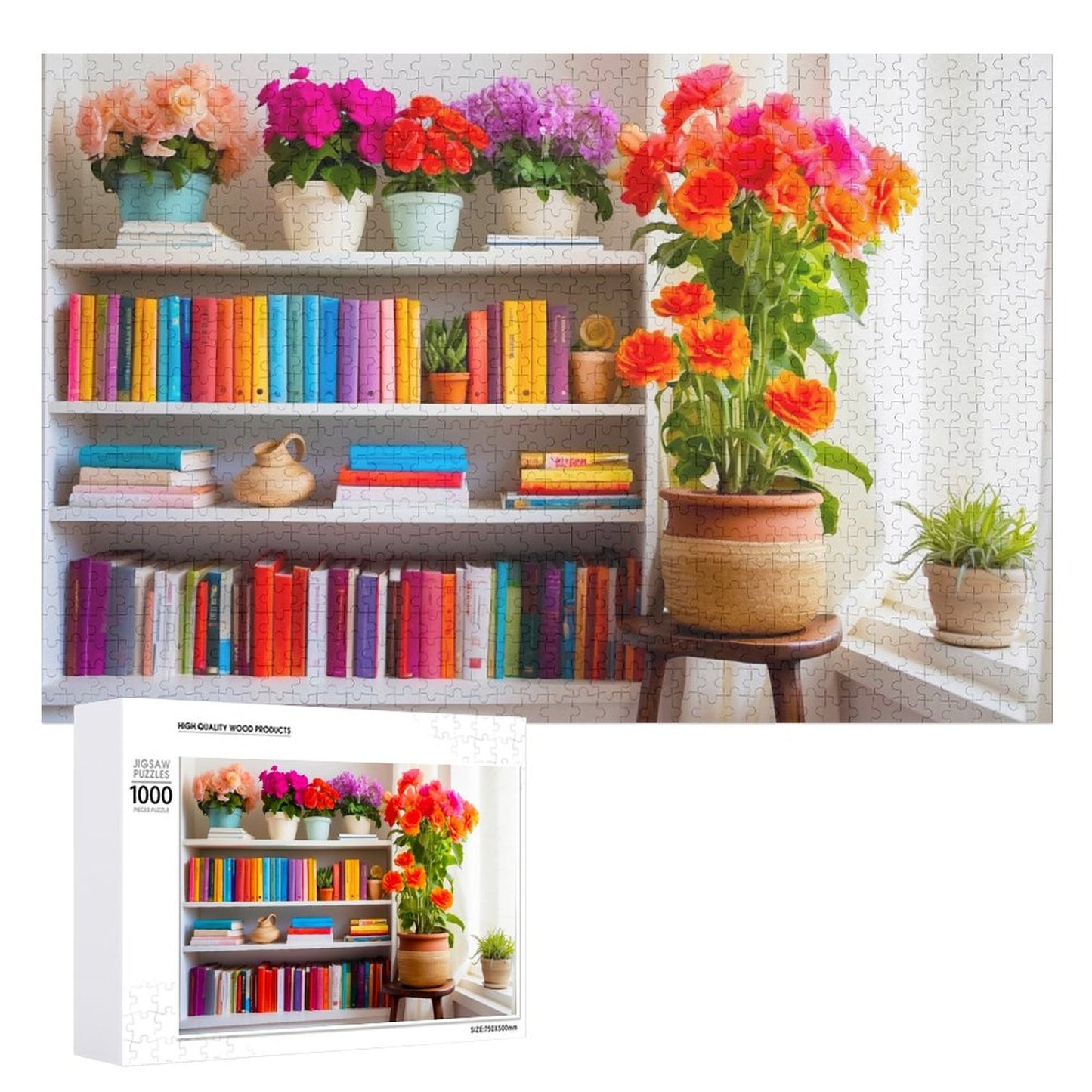 Best Spot in the House Jigsaw puzzle, an image of a book shelf packed full of books with potted flowers on top of the bookshelf. ahomespunhobby.com