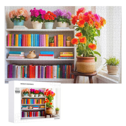 Best Spot in the House Jigsaw puzzle, an image of a book shelf packed full of books with potted flowers on top of the bookshelf. ahomespunhobby.com