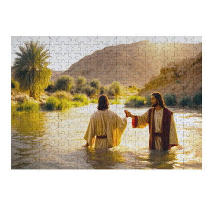 Jesus and John are standing in a river, clasping hands.  By Art by Sals ahomespunhobby.bom