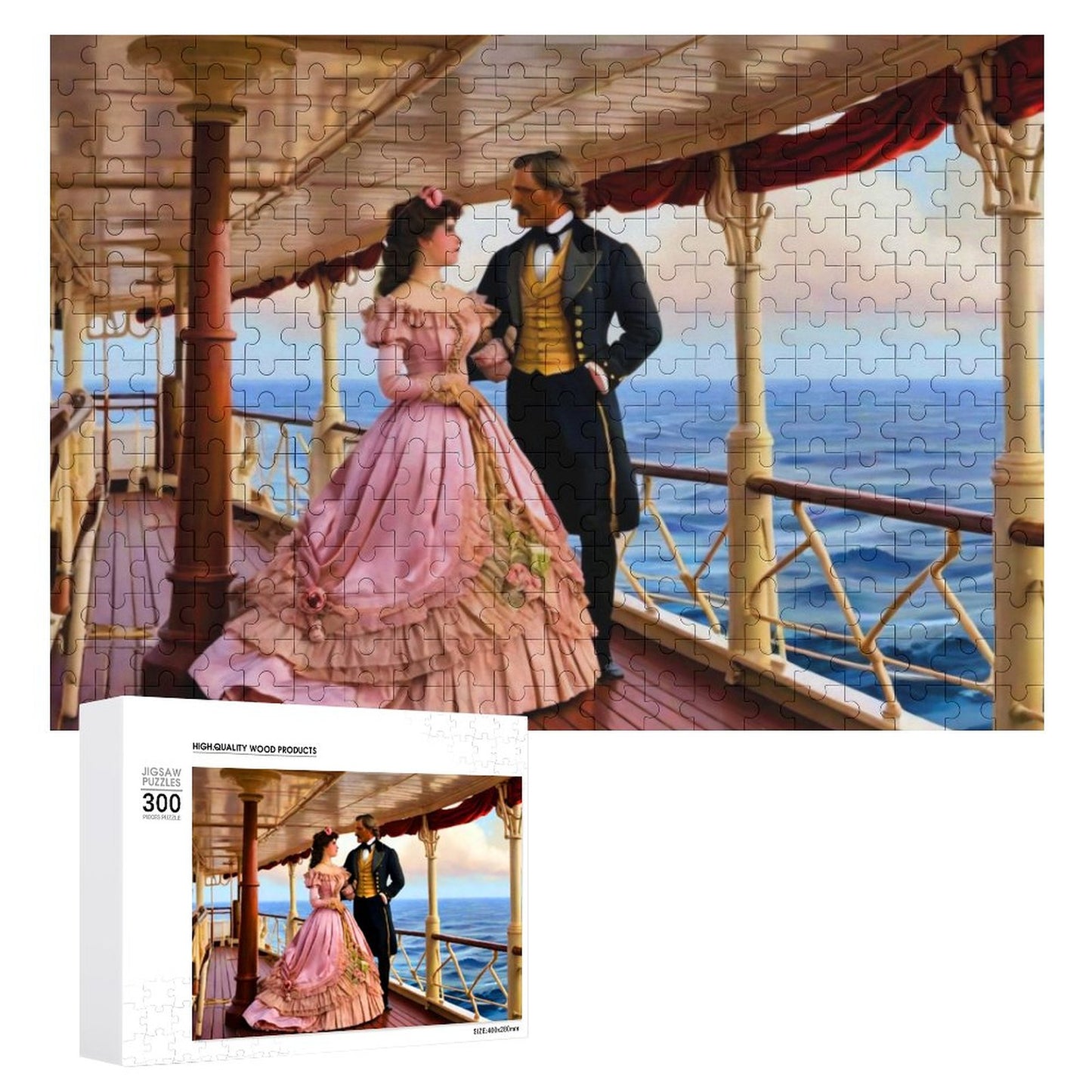 Victorian era couple on the deck of a ship. Their arms entwined. They a gazing in to each others eyes. A wood jigsaw puzzle. AHomespunHobby.com