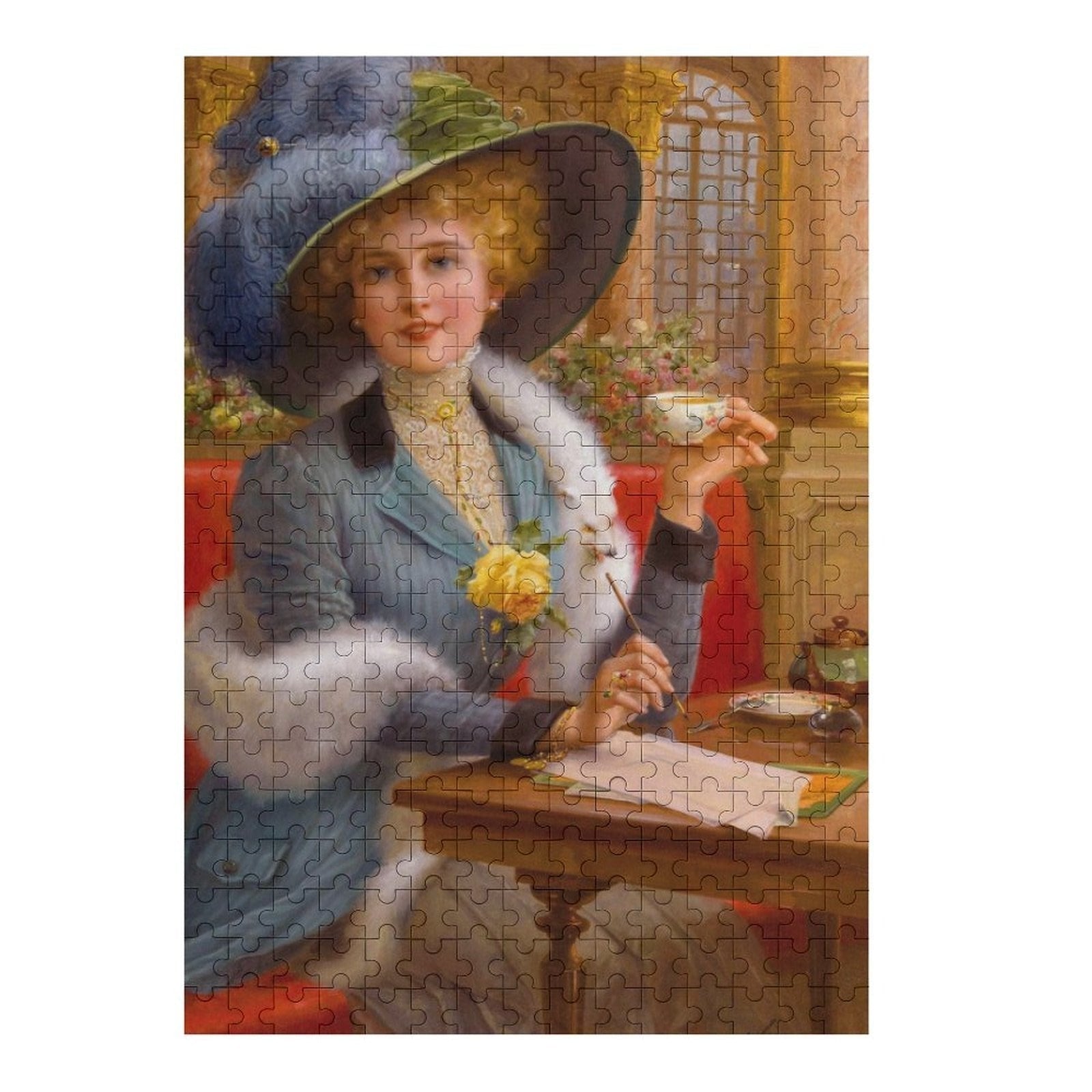 From Paris with Love by Emile Vernon, Undated. Jigsaw Puzzle. A Parisian woman dressed in an elegant jacket with matching feathers in her wid brim hat, is having tea and catching up on her correspondance. AHomespunHobby.com