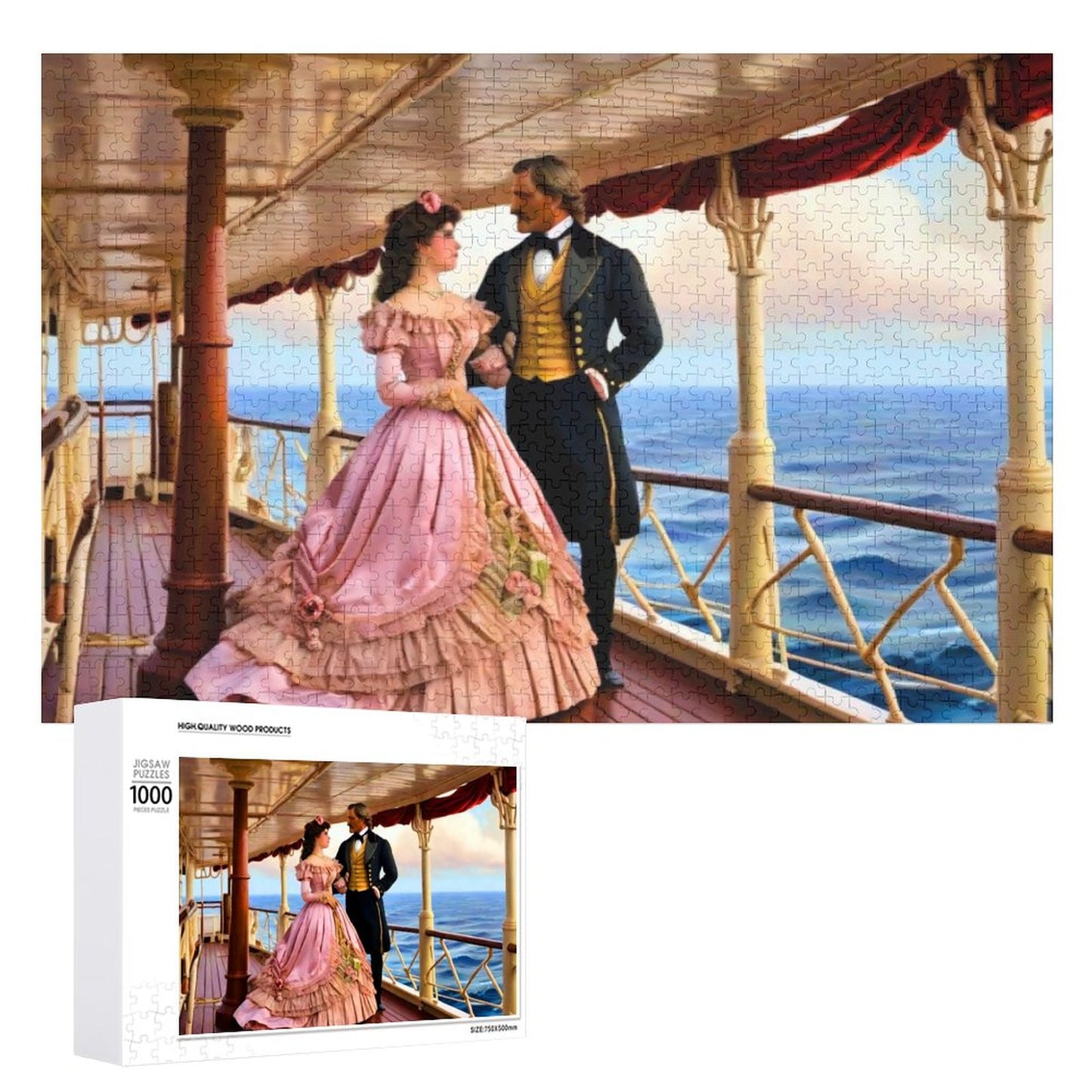 Victorian era couple on the deck of a ship. Their arms entwined. They a gazing in to each others eyes. A wood jigsaw puzzle. AHomespunHobby.com