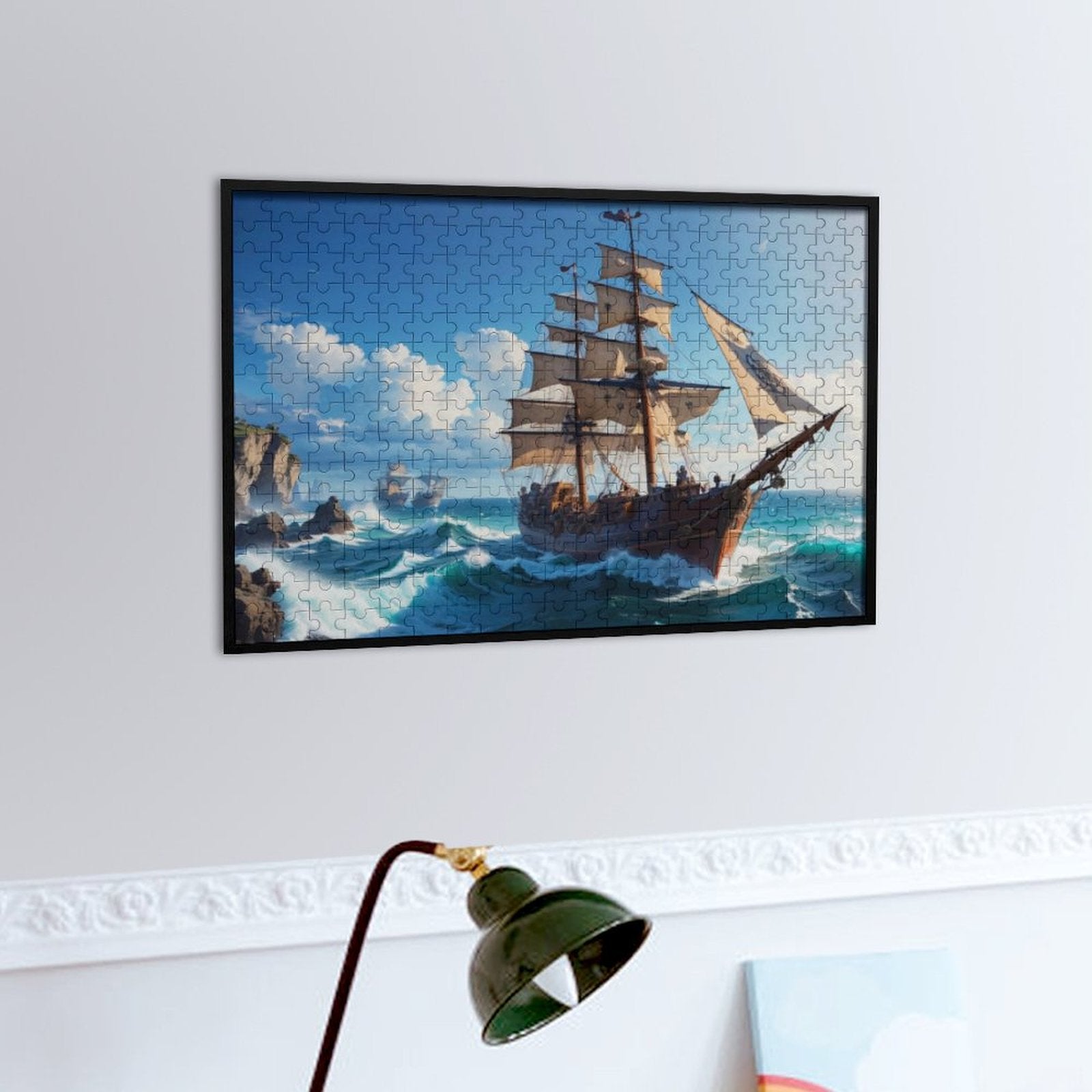 The Rachel Ward, Art by Sals, Jigsaw Puzzle. A pirate ship sailing the ocean. ahomespunhobby.com