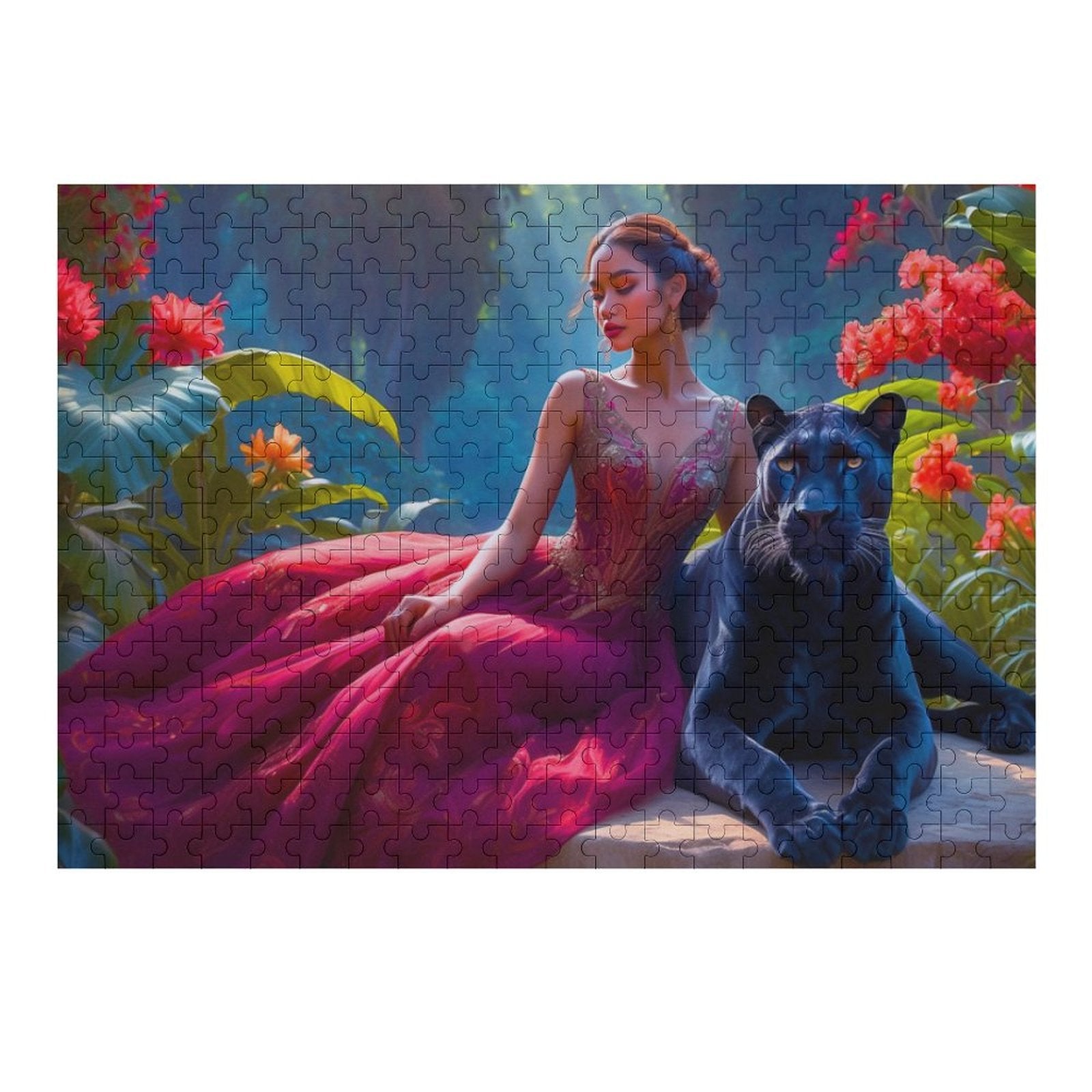 A woman in a flowing red gown sits on a large flat boulder. She is leaning slightly against her full grown Panther. She has her arm over her pet. She is surrounded by large red orange flowers and tropical leaves. Wood jigsaw puzzle. AHomespunHobby.com