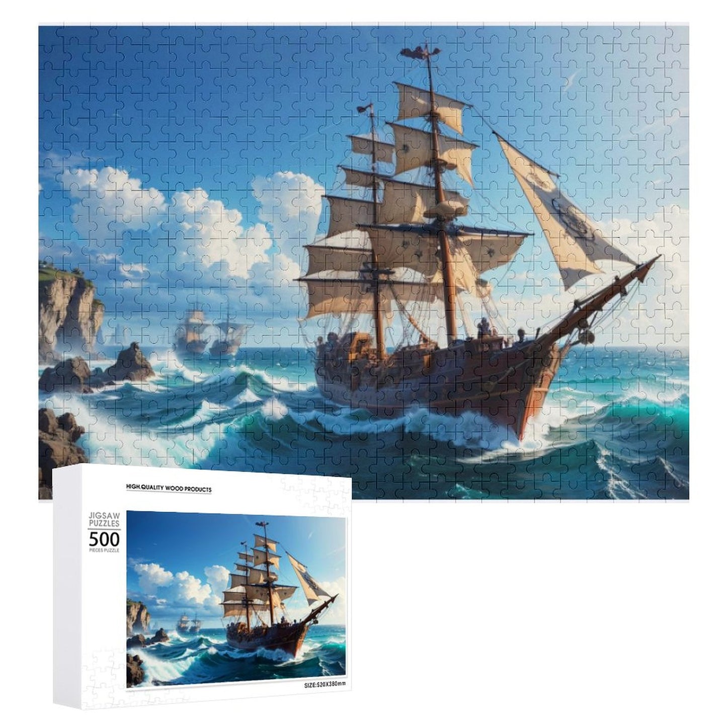 The Rachel Ward, Art by Sals, Jigsaw Puzzle. A pirate ship sailing the ocean. ahomespunhobby.com