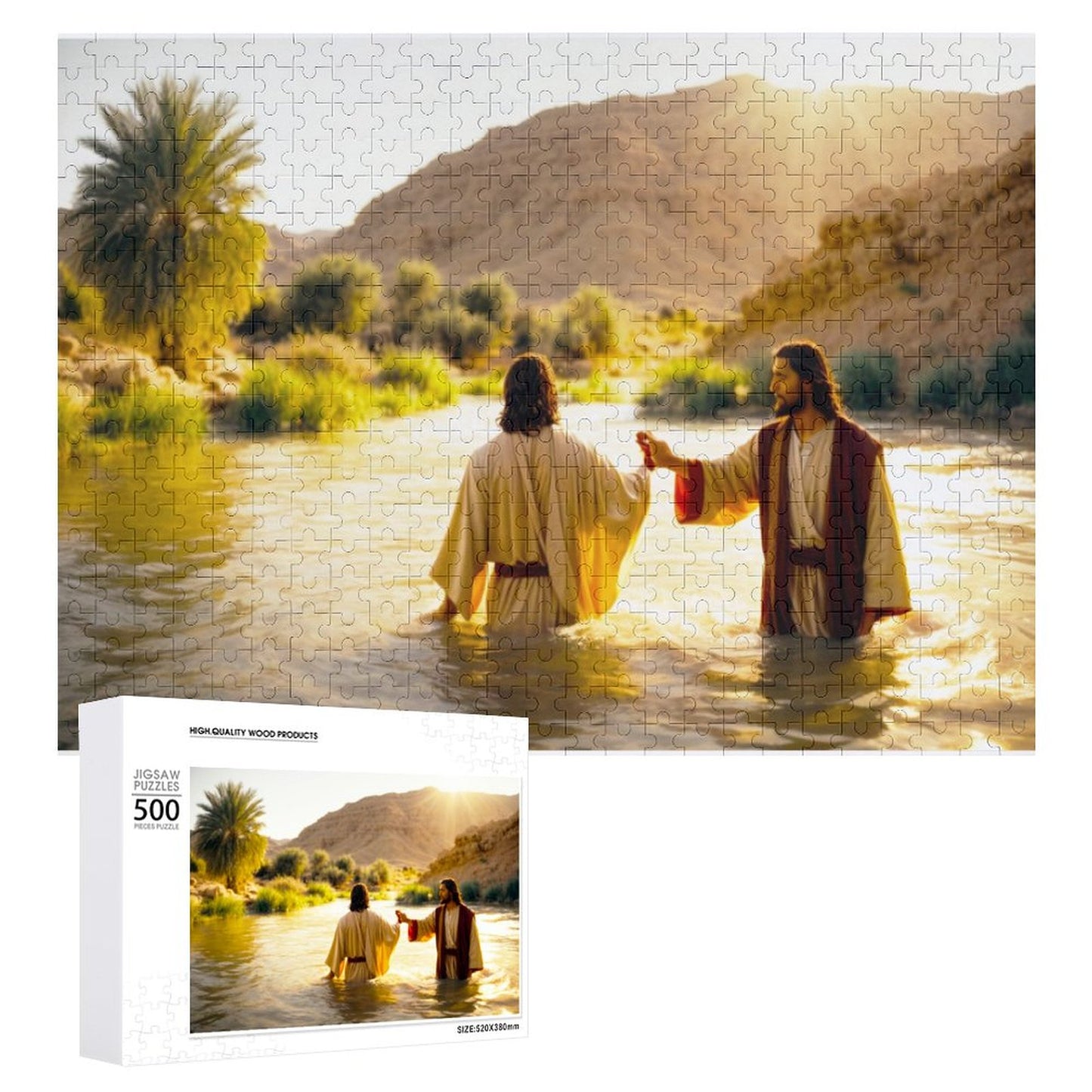 Jesus and John are standing in a river, clasping hands.  By Art by Sals ahomespunhobby.bom