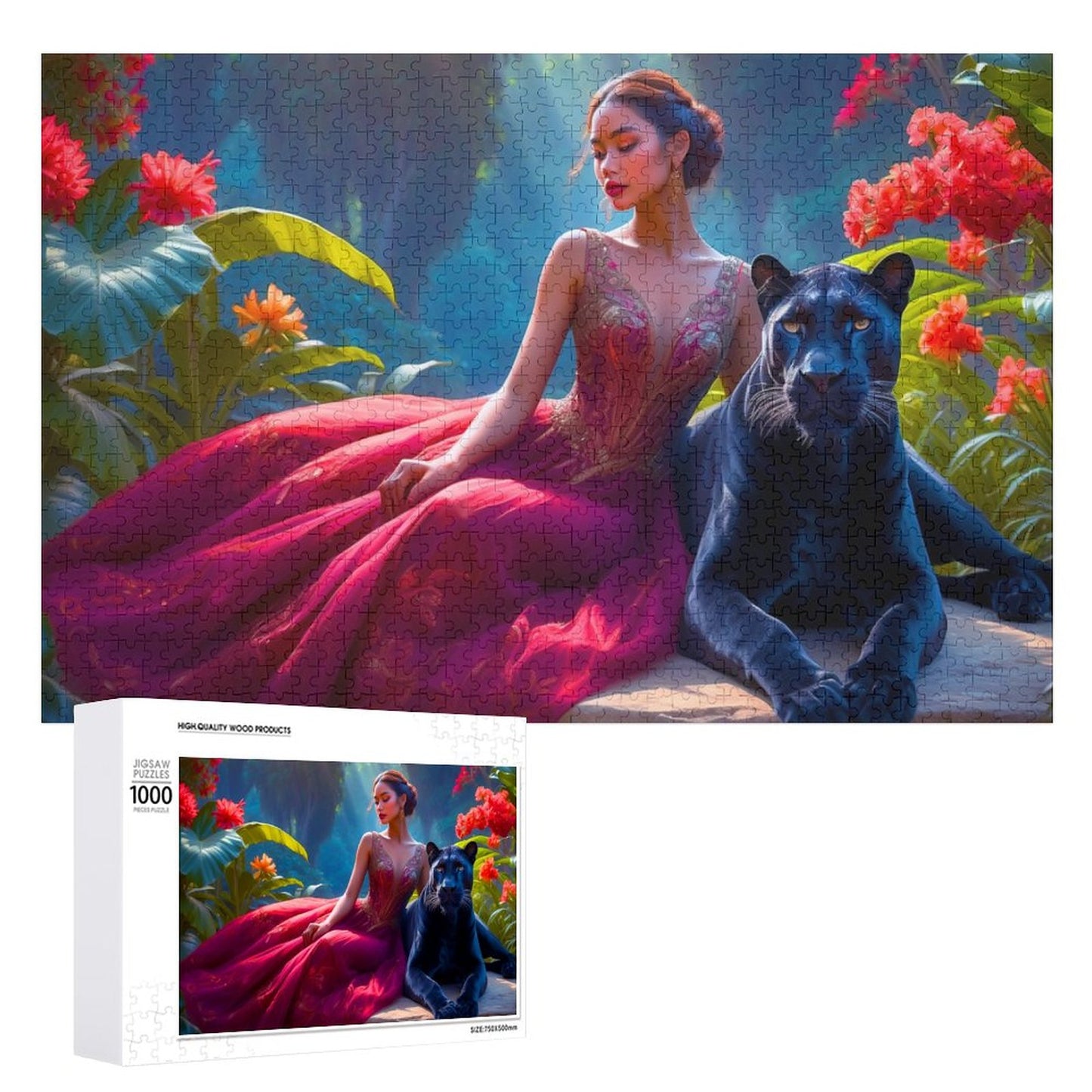 A woman in a flowing red gown sits on a large flat boulder. She is leaning slightly against her full grown Panther. She has her arm over her pet. She is surrounded by large red orange flowers and tropical leaves. Wood jigsaw puzzle. AHomespunHobby.com