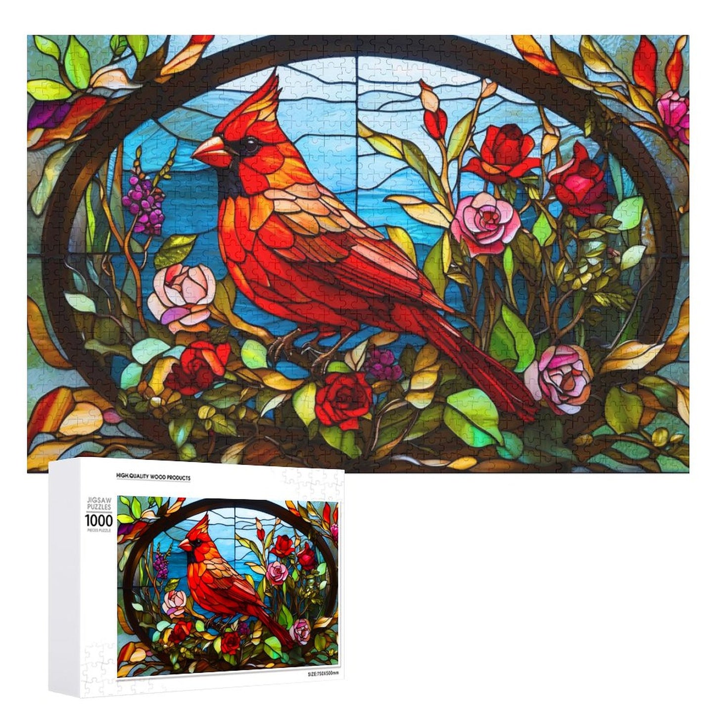 Stained Glass Cardinal, by Art by Sals Wooden Picture Jigsaw Puzzle