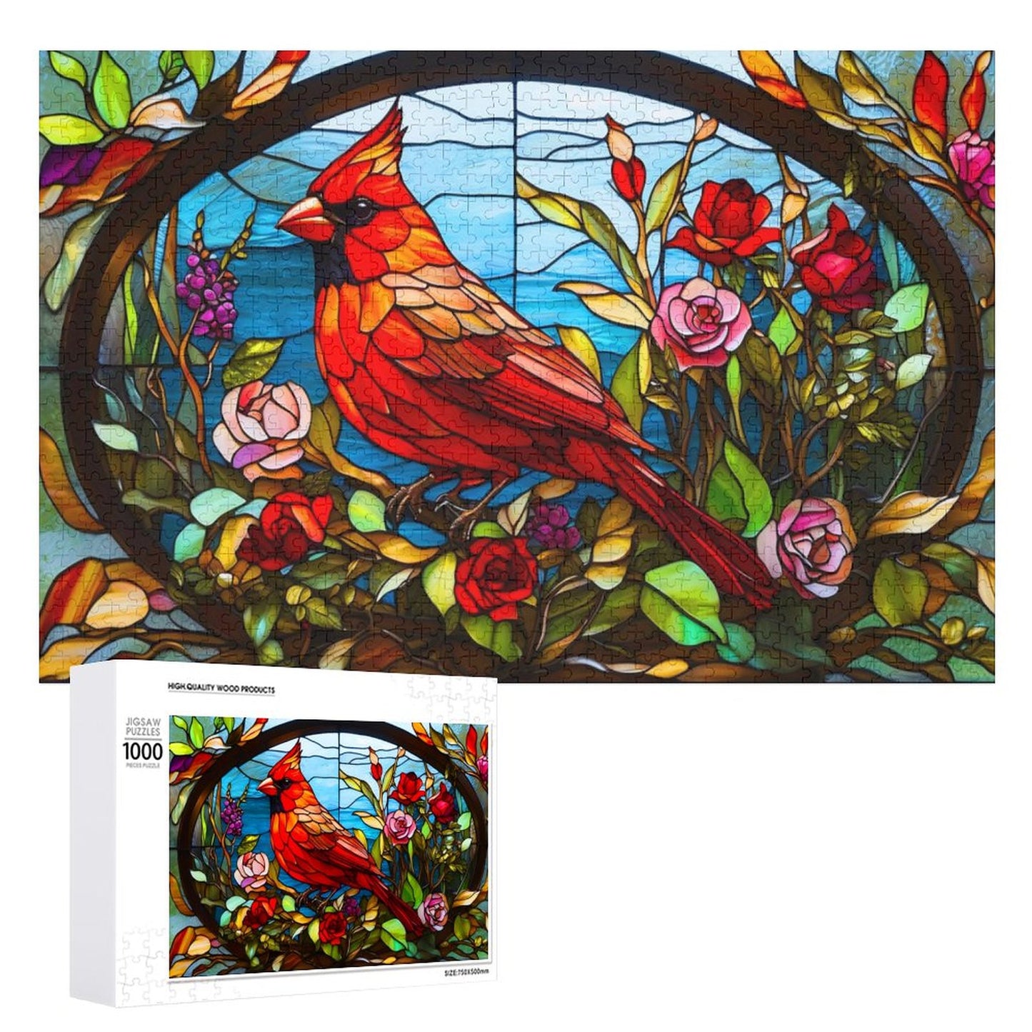 Stained Glass Cardinal Wood Jigsaw Puzzle 1000 pieces