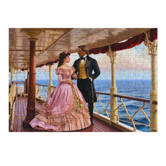 Victorian era couple on the deck of a ship. Their arms entwined. They a gazing in to each others eyes. A wood jigsaw puzzle. AHomespunHobby.com