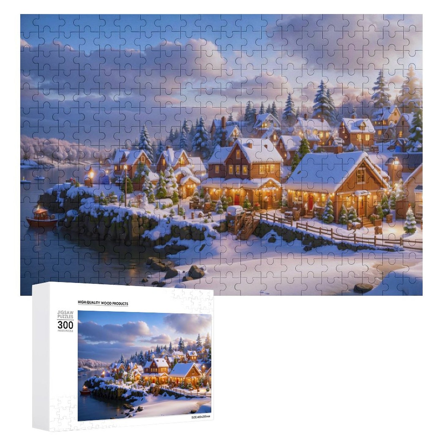 Christmas at the Sea Cove Jigsaw Puzzle. It's dusk, the lights are on in all the homes at the edge of the shore, lighting up the area creating a cozy scene. AHomespunHobby.com