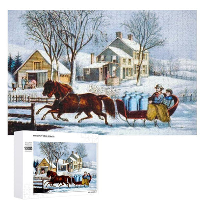 Jigsaw Puzzle Winter Morning in the Country,  by Currier and Ives Wooden Picture Puzzle ahomespunhobby.com