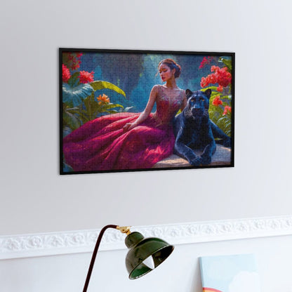 A woman in a flowing red gown sits on a large flat boulder. She is leaning slightly against her full grown Panther. She has her arm over her pet. She is surrounded by large red orange flowers and tropical leaves. Wood jigsaw puzzle. AHomespunHobby.com