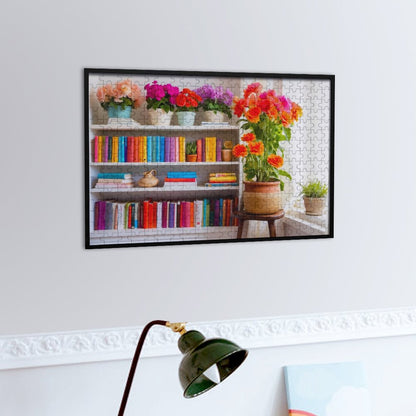 Best Spot in the House Jigsaw puzzle, an image of a book shelf packed full of books with potted flowers on top of the bookshelf. ahomespunhobby.com