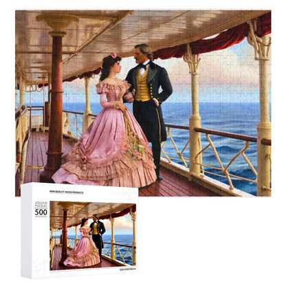 Victorian era couple on the deck of a ship. Their arms entwined. They a gazing in to each others eyes. A wood jigsaw puzzle. AHomespunHobby.com