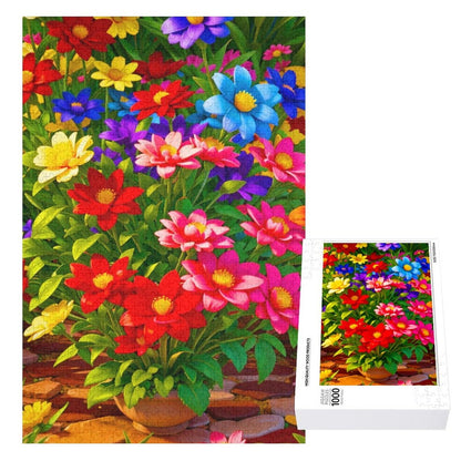 A flower pot with a large number of flowers, blooming in multiple colors. ahomespunhobby.com