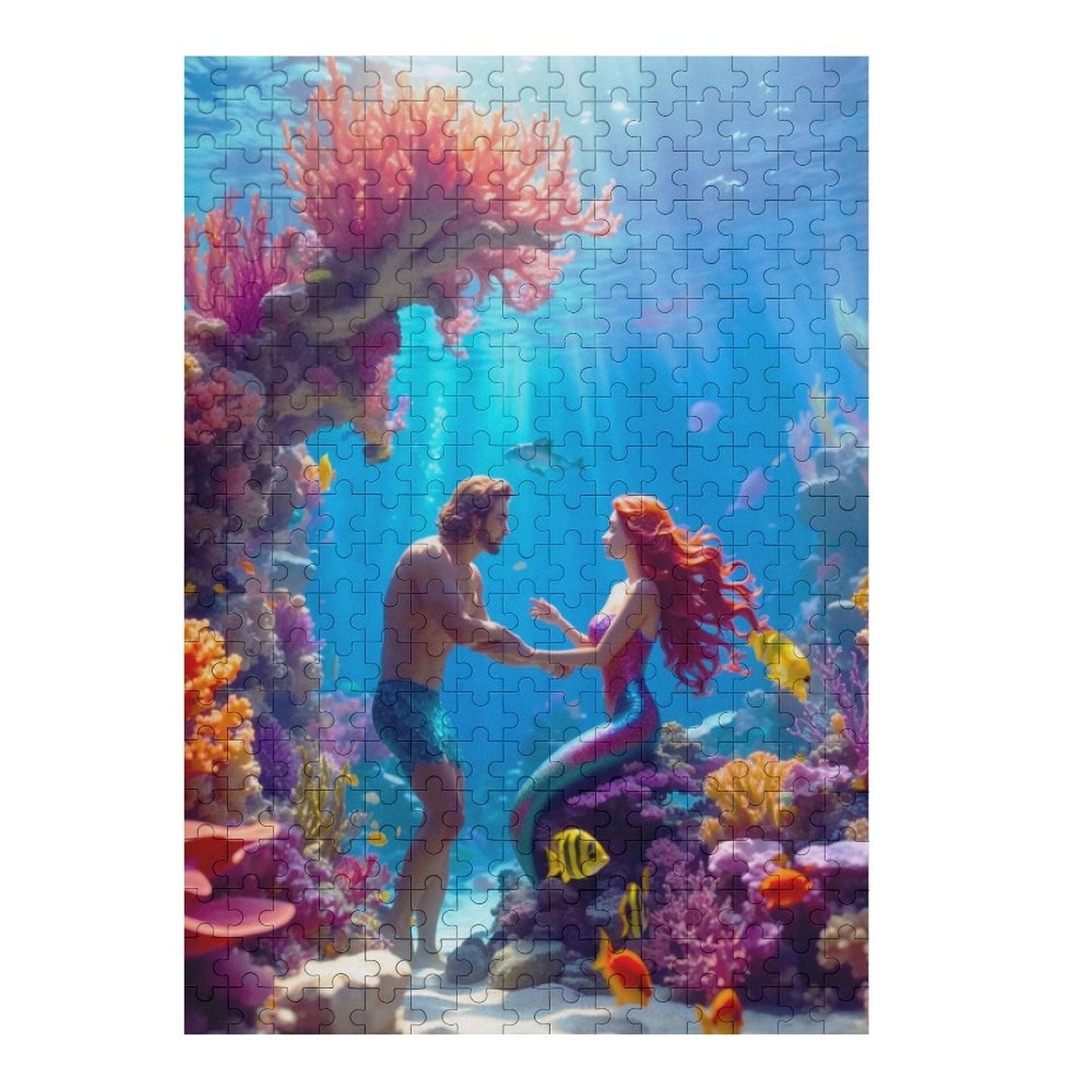 A Human Male is deep under the sea with a mermaid. Scales are forming on his legs as he becomes a merman. ahomespunhobby.com