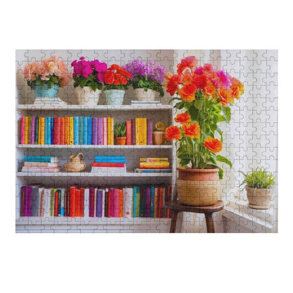 Best Spot in the House Jigsaw puzzle, an image of a book shelf packed full of books with potted flowers on top of the bookshelf. ahomespunhobby.com