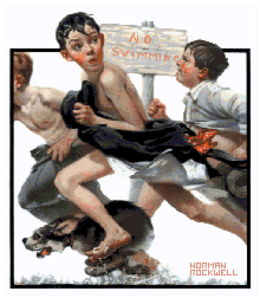 No Swimming by Norman Rockwell Diamond Painting Kit, Square drills, ahomespunhobby.com summer with the masters