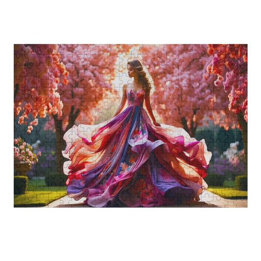 A woman is walking down a path in a manicured garden surrounded by flowering trees. The skirt of her dress has multiple layers of colorful fabric, highlighting layers with floral fabric underneath. Jigsaw puzzle. AHomespunHobby.com