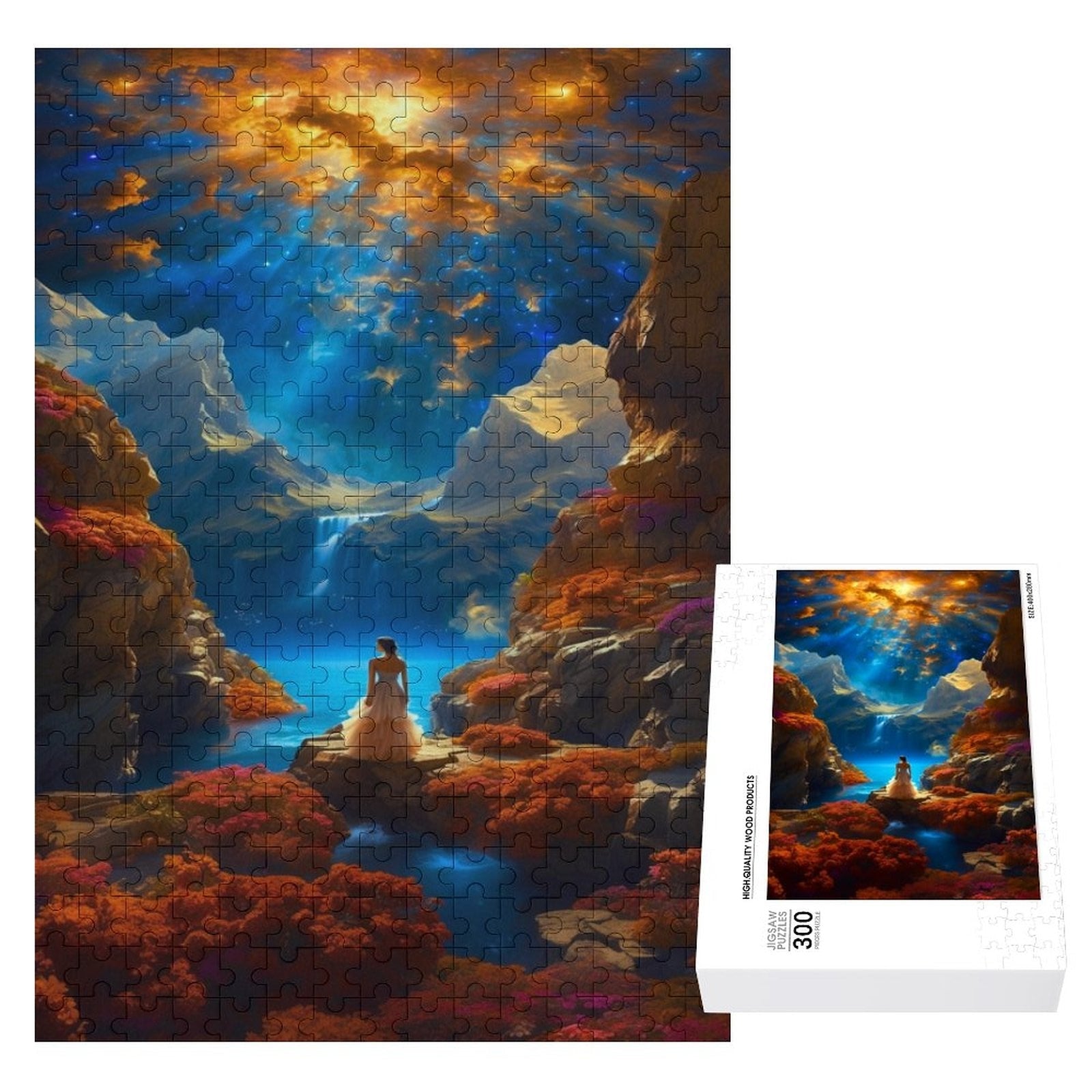 A woman in a flowing dress standing at the base of a majestic canyon, gazing at the water's edge. ahomespunhobby.com