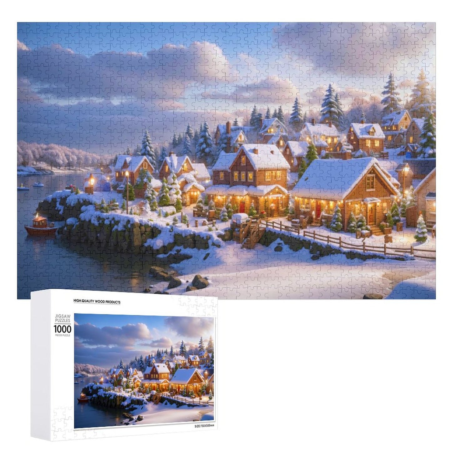 Christmas at the Sea Cove Jigsaw Puzzle. It's dusk, the lights are on in all the homes at the edge of the shore, lighting up the area creating a cozy scene. AHomespunHobby.com