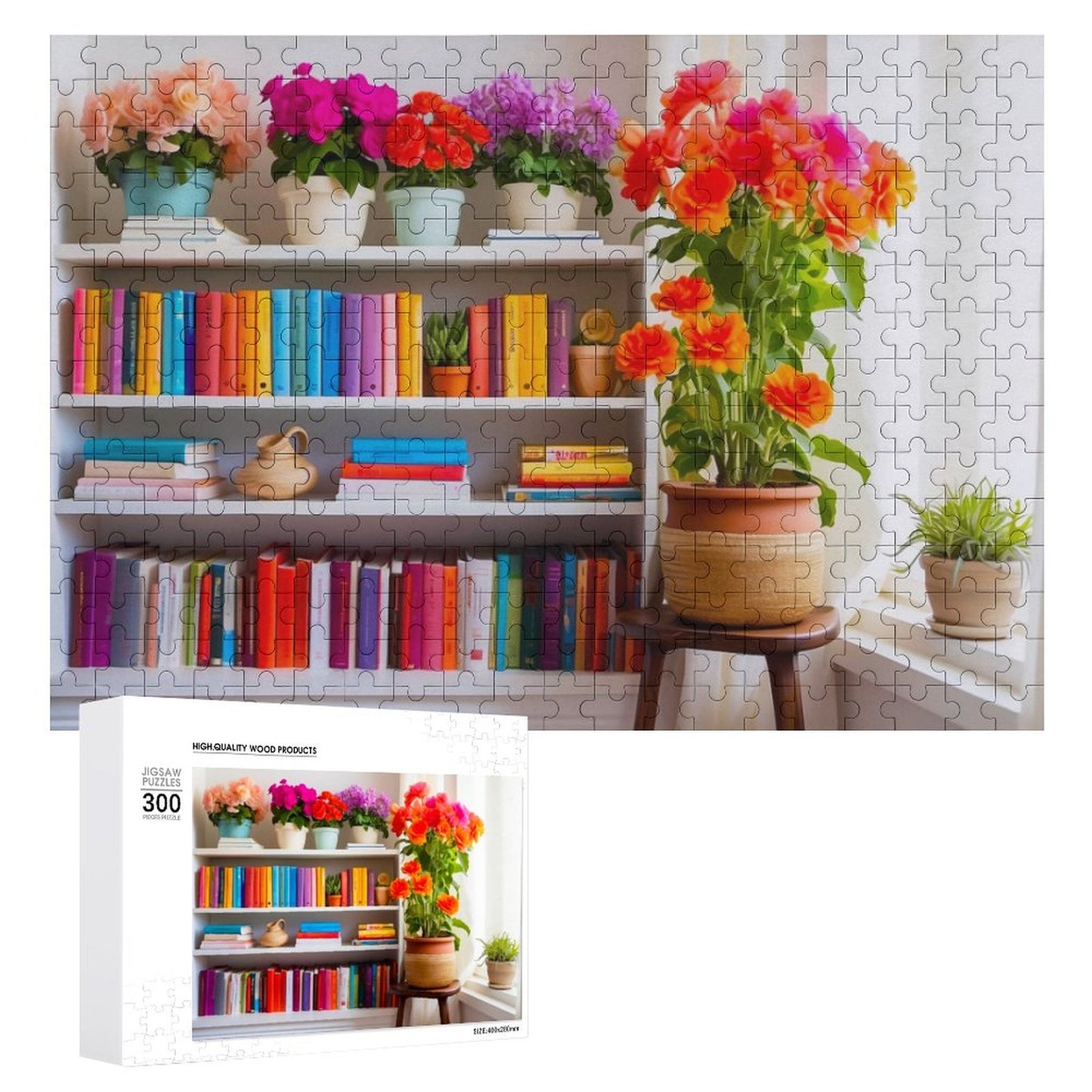 Best Spot in the House Jigsaw puzzle, an image of a book shelf packed full of books with potted flowers on top of the bookshelf. ahomespunhobby.com