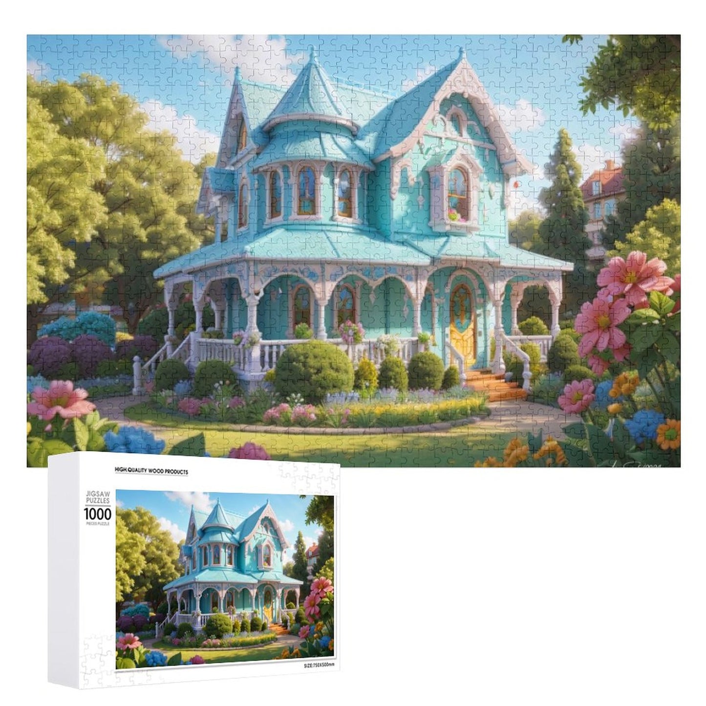 Victorian Gingerbread House, Robin's egg blue, nestled on a lot of lush green grass, surrounded by pastel colored flowers, and full green trees. ahomespunhobby.com