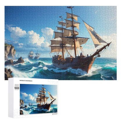 The Rachel Ward, Art by Sals, Jigsaw Puzzle. A pirate ship sailing the ocean. ahomespunhobby.com