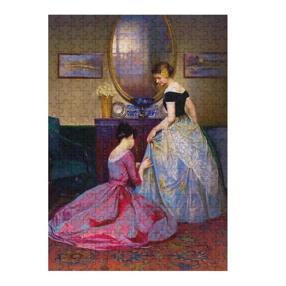 The Fitting by Viktor Schramm Wood Jigsaw puzzle. Victorian era, Two women in gowns, one is sewing finishing touches on the other's gown. Ahomespunhobby.com