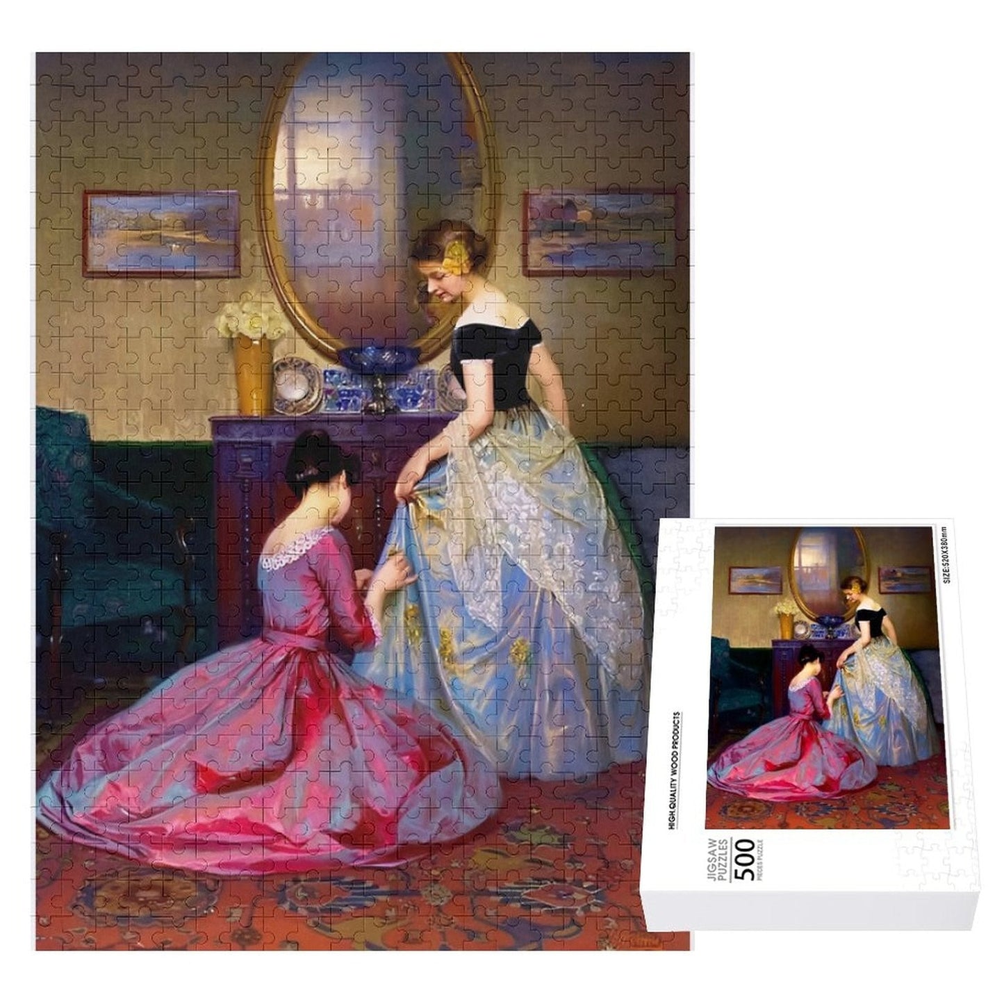 The Fitting by Viktor Schramm Wood Jigsaw puzzle. Victorian era, Two women in gowns, one is sewing finishing touches on the other's gown. Ahomespunhobby.com