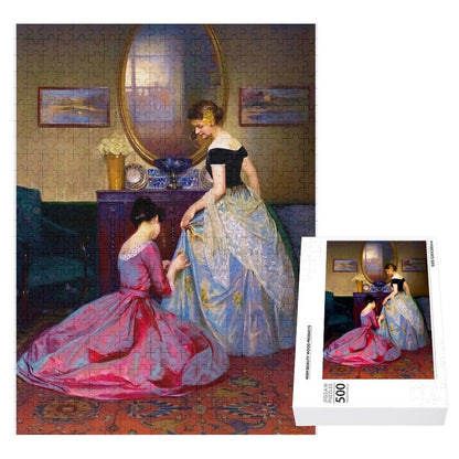 The Fitting by Viktor Schramm Wood Jigsaw puzzle. Victorian era, Two women in gowns, one is sewing finishing touches on the other's gown. Ahomespunhobby.com