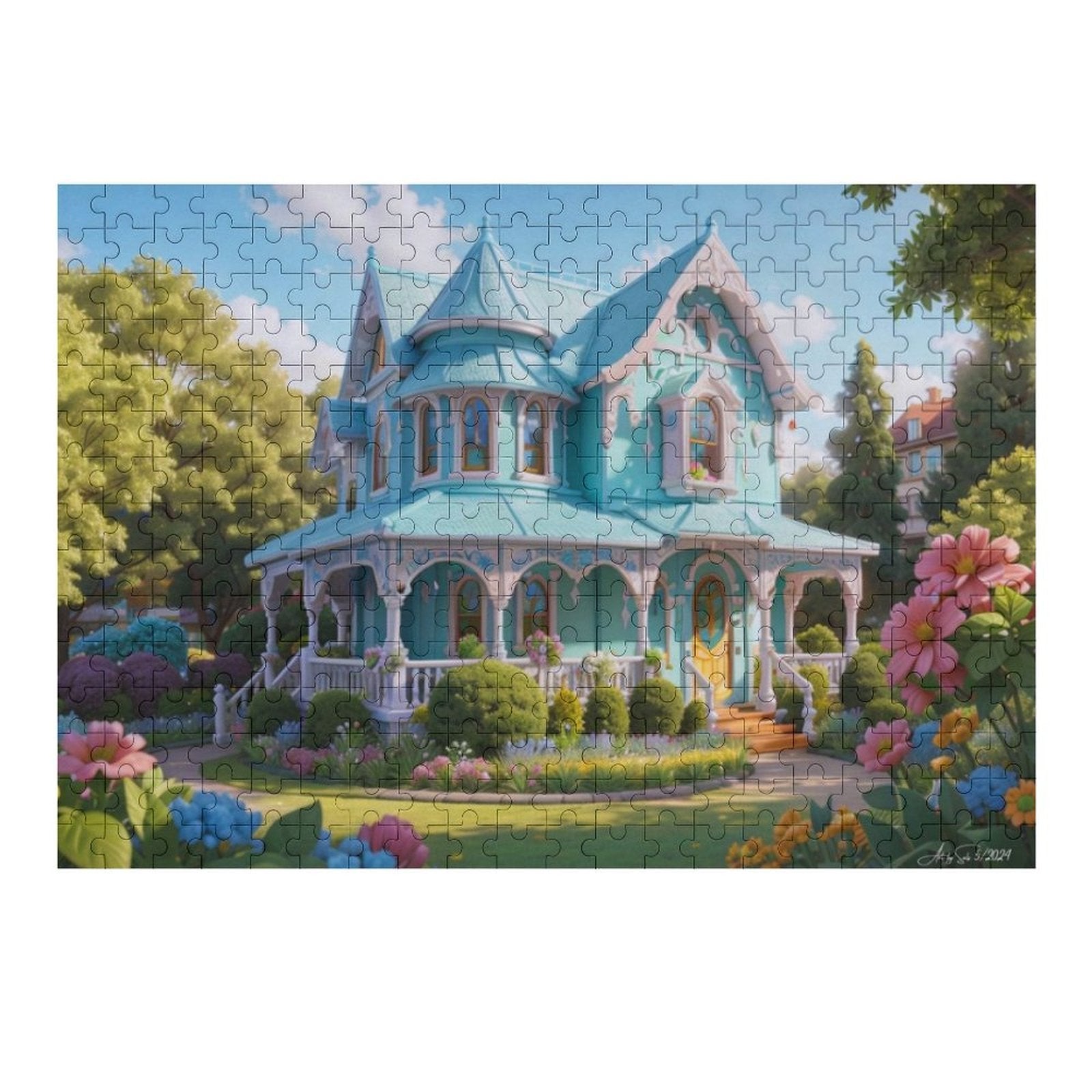 Victorian Gingerbread House, Robin's egg blue, nestled on a lot of lush green grass, surrounded by pastel colored flowers, and full green trees. ahomespunhobby.com