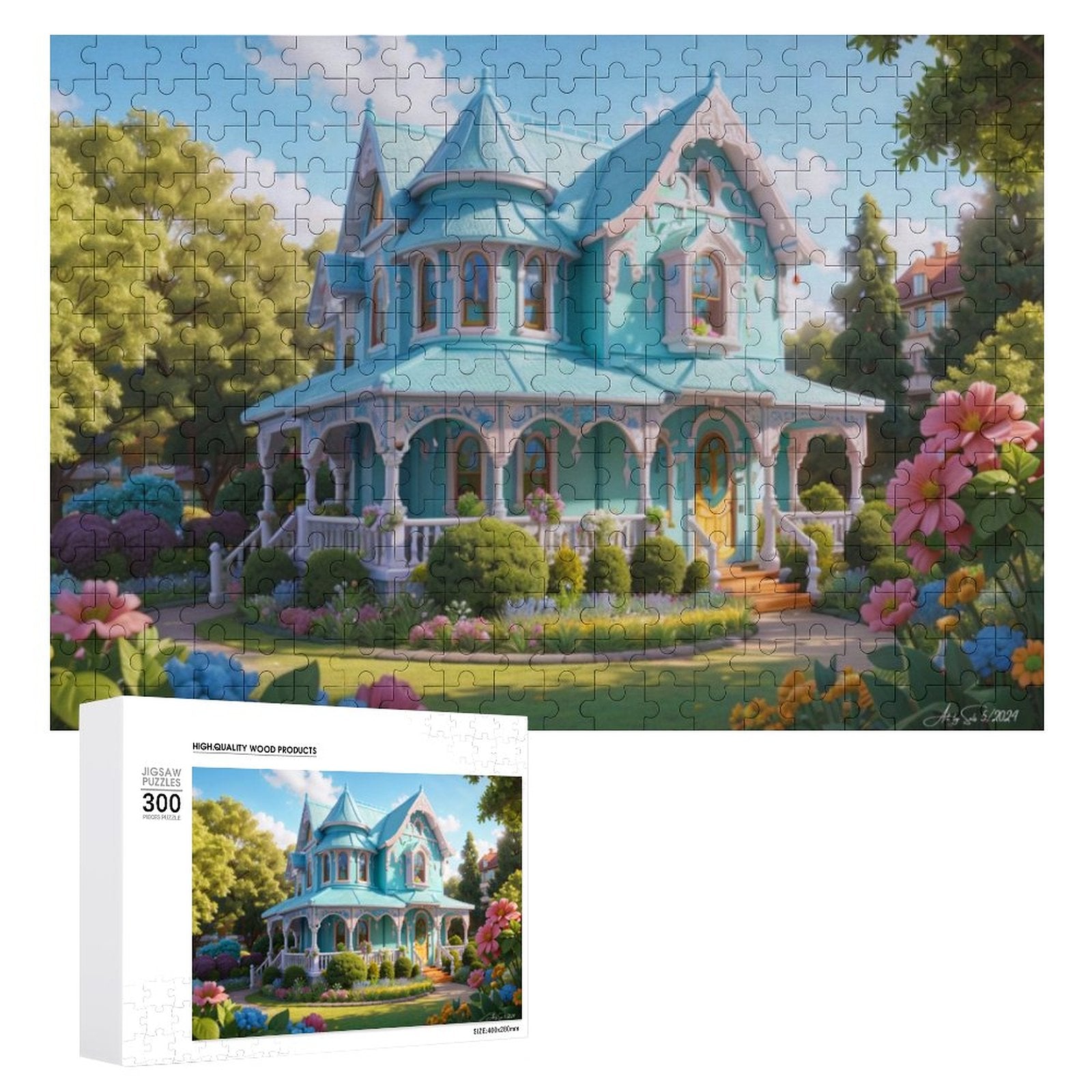 Victorian Gingerbread House, Robin's egg blue, nestled on a lot of lush green grass, surrounded by pastel colored flowers, and full green trees. ahomespunhobby.com