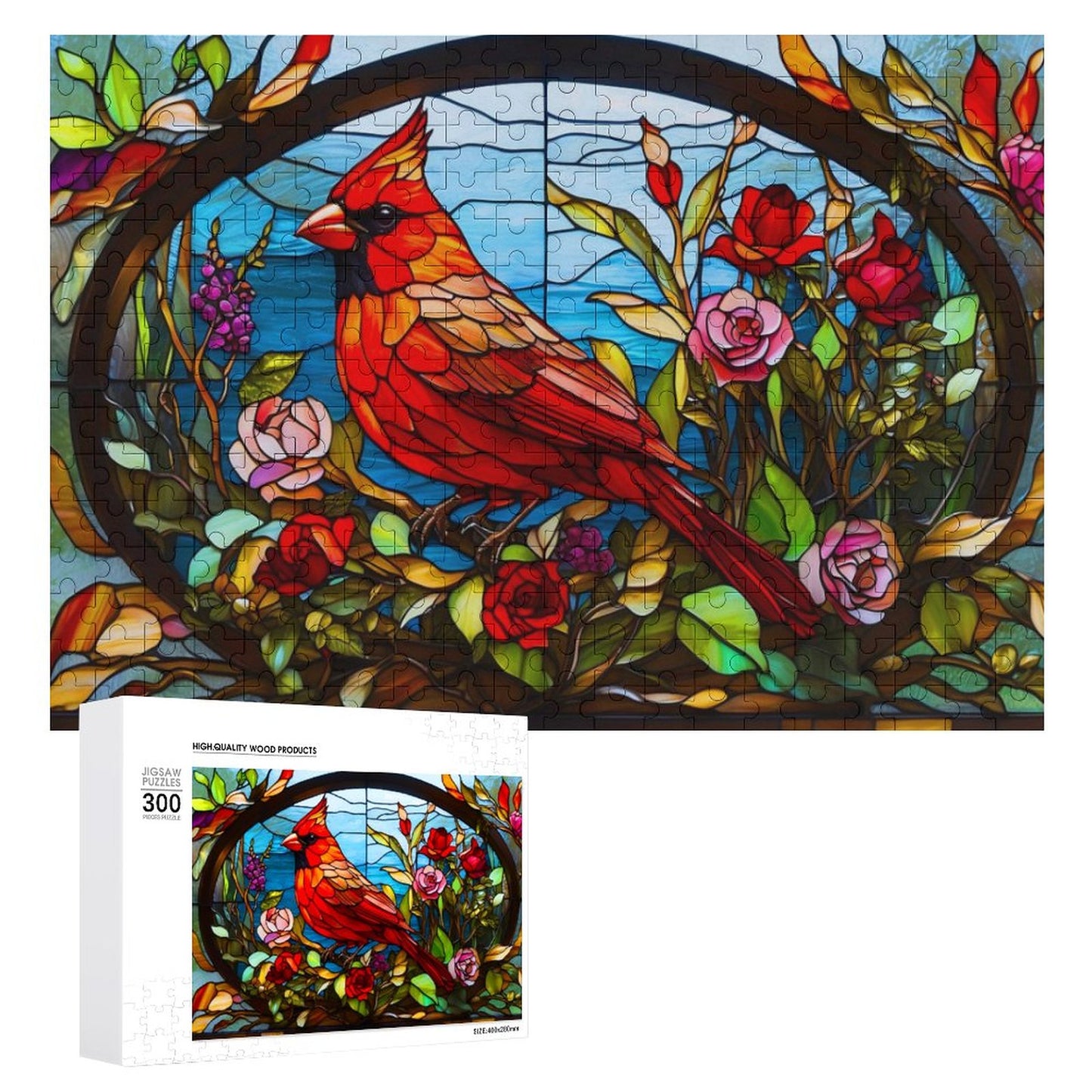 Stained Glass Cardinal, by Art by Sals Wooden Picture Jigsaw Puzzle