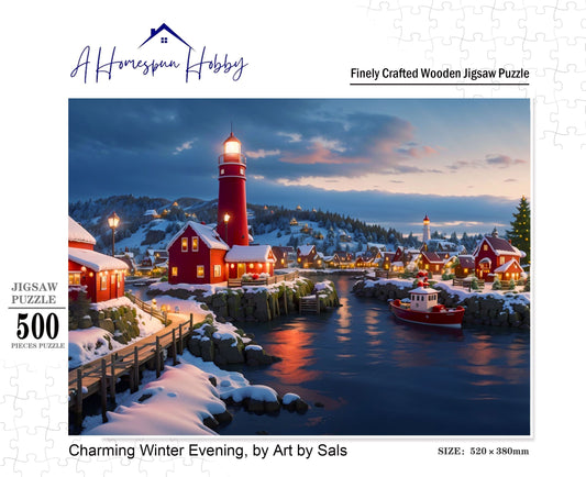 Charming Winter Evening Jigsaw Puzzle, a snowy villiage in a cove on the sea shore. It's dusk and the lights in the home cast a cozy glow on the water's edge. ahomespunhobby.com.