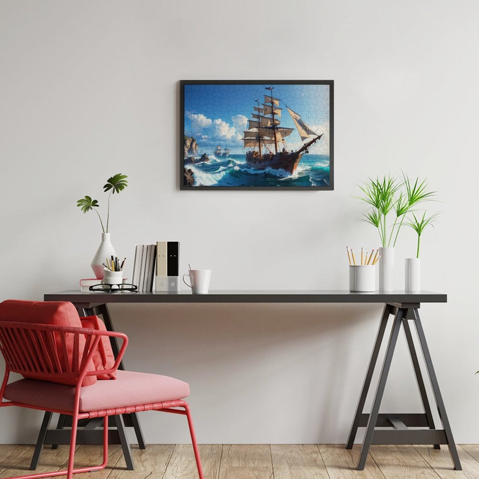 The Rachel Ward, Art by Sals, Jigsaw Puzzle. A pirate ship sailing the ocean. ahomespunhobby.com