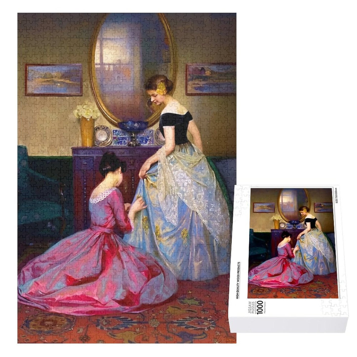 The Fitting by Viktor Schramm Wood Jigsaw puzzle. Victorian era, Two women in gowns, one is sewing finishing touches on the other's gown. Ahomespunhobby.com