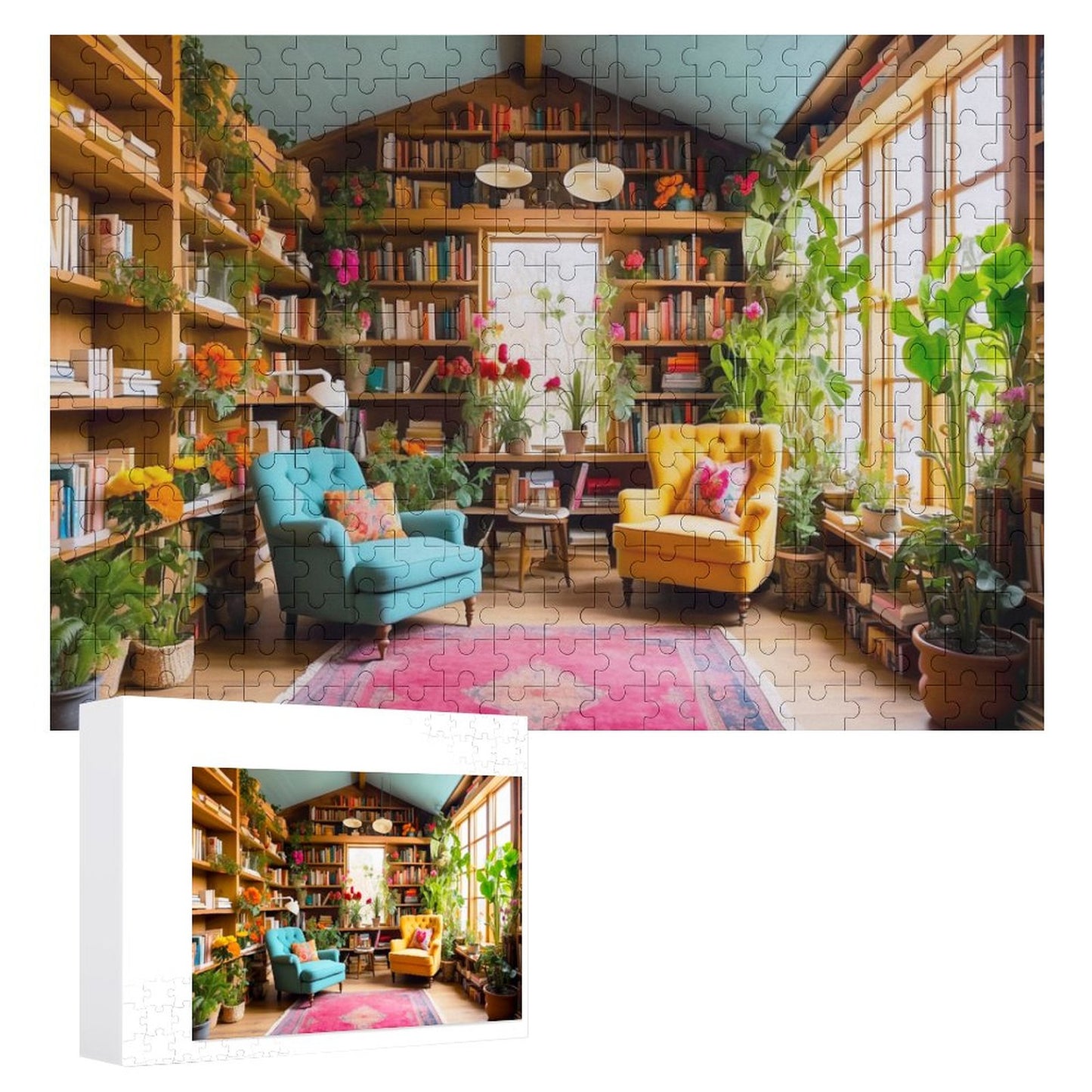 The Cottage Library Wooden Jigsaw Puzzle. Floor to ceiing bookshelves line two walls. Large windows let in plenty of light. The library is filled with potted plants and two large chairs to sit in while reading. AHomespunHobby.com