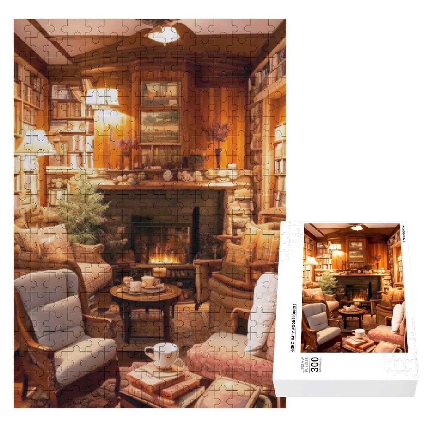 A library within a cabin, a stone fireplace, cozy chairs , and coffee.