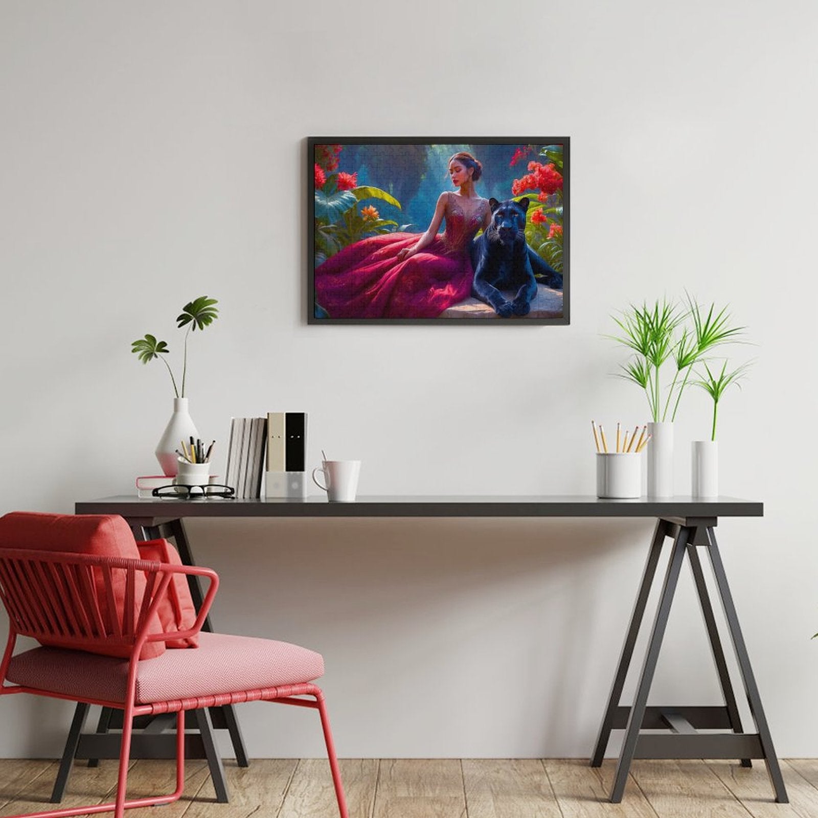 A woman in a flowing red gown sits on a large flat boulder. She is leaning slightly against her full grown Panther. She has her arm over her pet. She is surrounded by large red orange flowers and tropical leaves. Wood jigsaw puzzle. AHomespunHobby.com