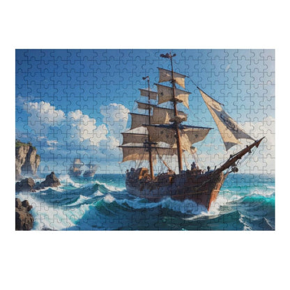 The Rachel Ward, Art by Sals, Jigsaw Puzzle. A pirate ship sailing the ocean. ahomespunhobby.com