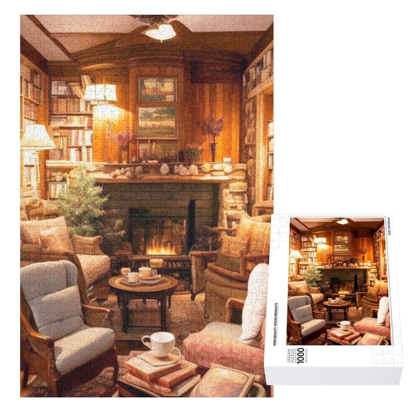 A library within a cabin, a stone fireplace, cozy chairs , and coffee.