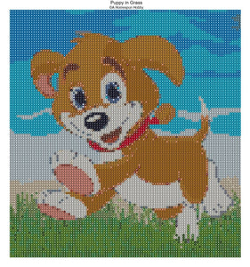 Puppy in Grass Diamond Painting with round guide circles for beginners.